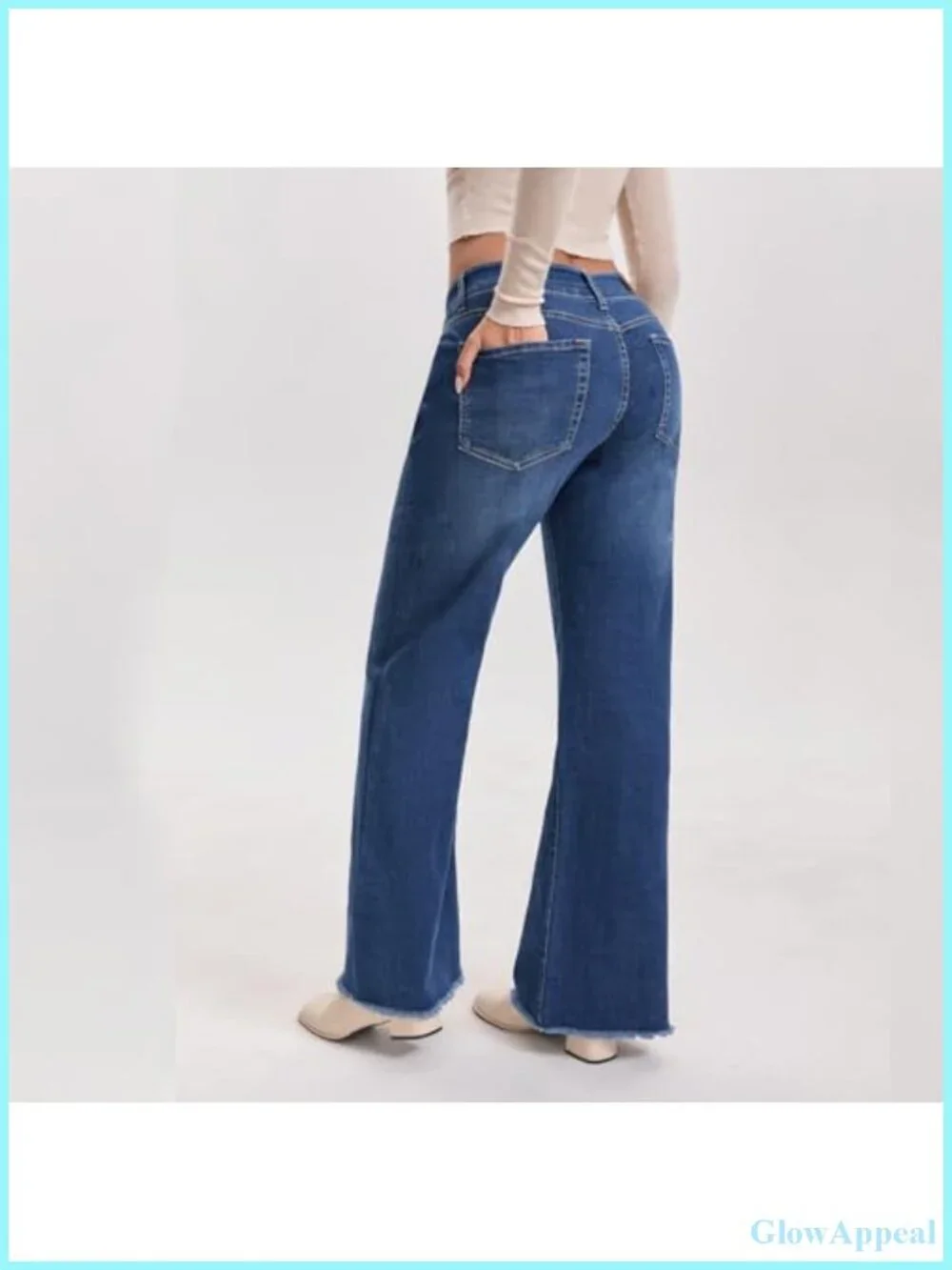 High Waisted Bootcut Jeans Wide Leg Stretchy Denim Pants Raw Hem - Picture 3 of 4